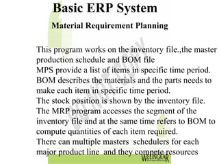 Basic ERP System
    Material Requirement Planning

This program works on the inventory file.,the master
production schedule and BOM file
MPS provide a list of items in specific time period.
BOM describes the materials and the parts needs to
make each item in specific time period.
The stock position is shown by the inventory file.
The MRP program accesses the segment of the
inventory file and at the same time refers to BOM to
compute quantities of each item required.
There can multiple masters schedulers for each
major product line and they compete resources
 