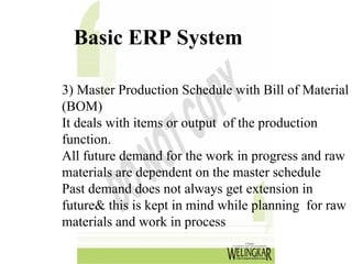 Basic ERP System

3) Master Production Schedule with Bill of Material
(BOM)
It deals with items or output of the production
function.
All future demand for the work in progress and raw
materials are dependent on the master schedule
Past demand does not always get extension in
future& this is kept in mind while planning for raw
materials and work in process
 