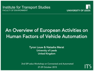Institute for Transport Studies
FACULTY OF ENVIRONMENT
An Overview of European Activities on
Human Factors of Vehicle Automation
Tyron Louw & Natasha Merat
University of Leeds
United Kingdom
2nd SIP-adus Workshop on Connected and Automated
27-29 October 2015
 