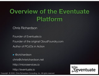 @crichardson
Overview of the Eventuate
Platform
Chris Richardson
Founder of Eventuate.io
Founder of the original CloudFoundry.com
Author of POJOs in Action
@crichardson
chris@chrisrichardson.net
http://microservices.io
http://eventuate.io
Copyright © 2020. Chris Richardson Consulting, Inc. All rights reserved
 