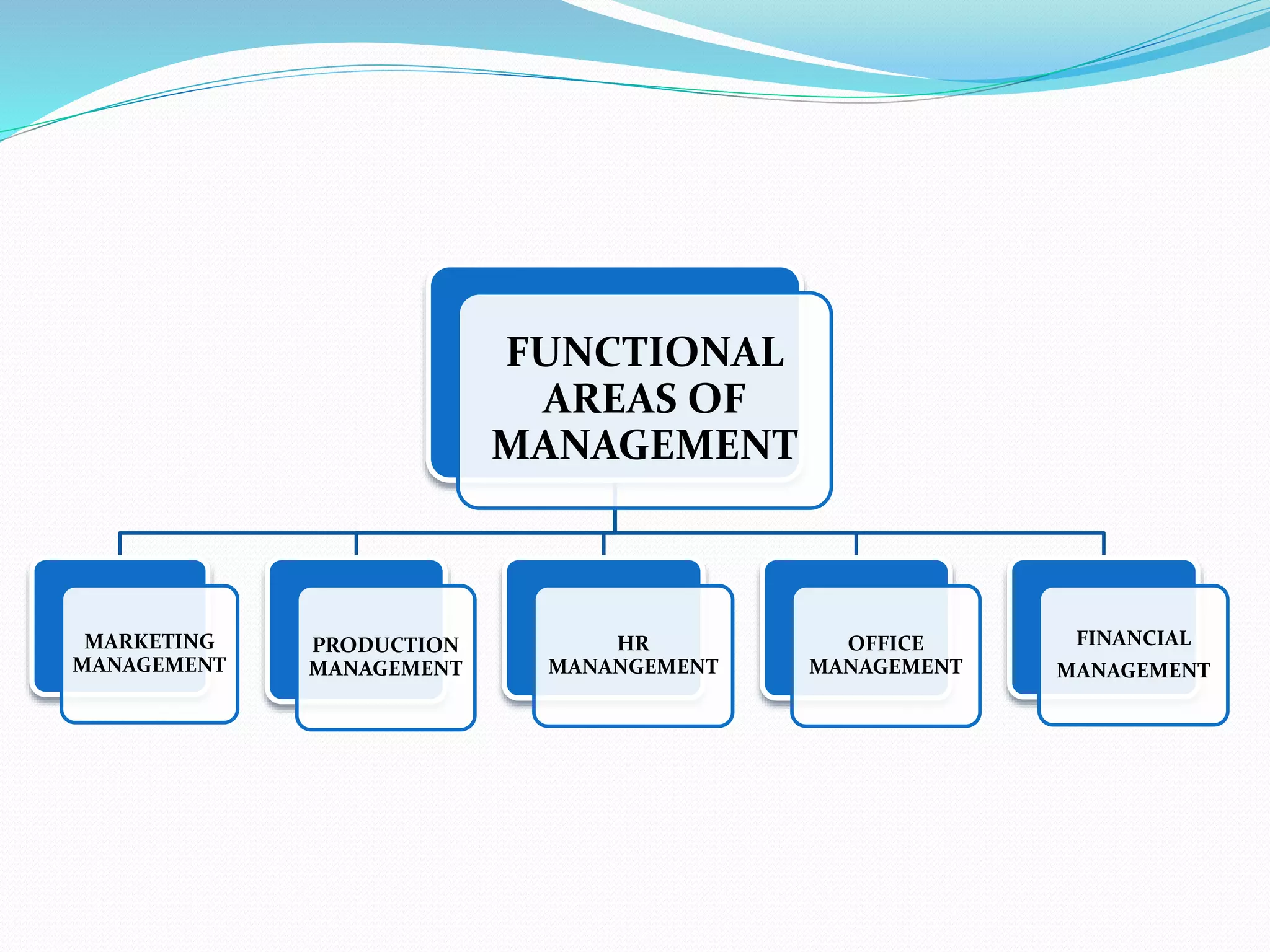 FUNCTIONAL
AREAS OF
MANAGEMENT
MARKETING
MANAGEMENT
PRODUCTION
MANAGEMENT
HR
MANANGEMENT
OFFICE
MANAGEMENT
FINANCIAL
MANAGEMENT
 