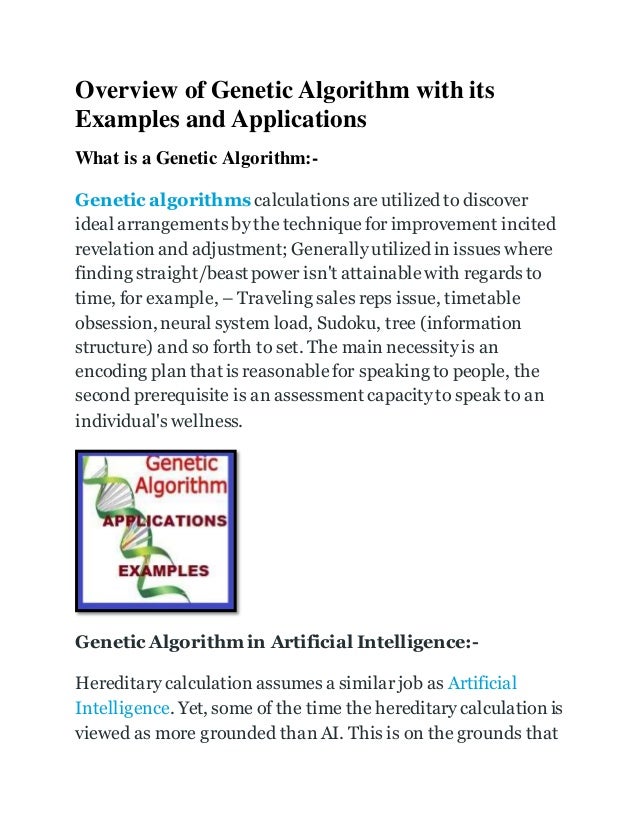 Overview of genetic algorithm with its examples and applications