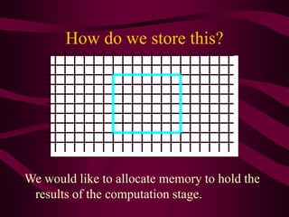 How do we store this?
We would like to allocate memory to hold the
results of the computation stage.
 