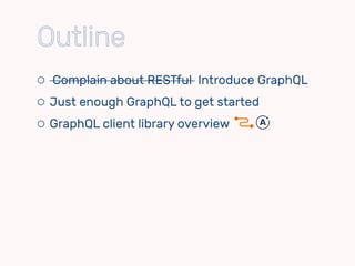 ⬡ Complain about RESTful Introduce GraphQL
⬡ Just enough GraphQL to get started
⬡ GraphQL client library overview
⬡ Intro to Relay
⬡ Demo: GraphQL & Relay on Rails 
https://github.com/zetavg/RailsRelayTodoMVC
Outline
 