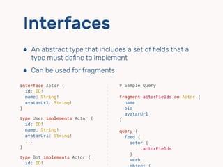 Interfaces
⬢ An abstract type that includes a set of ﬁelds that a
type must deﬁne to implement
⬢ Can be used for fragments
interface Actor {
id: ID!
name: String!
avatarUrl: String!
}
type User implements Actor {
id: ID!
name: String!
avatarUrl: String!
...
}
type Bot implements Actor {
id: ID!
# Sample Query
fragment actorFields on Actor {
name
bio
avatarUrl
}
query {
feed {
actor {
...actorFields
} 
verb 
 