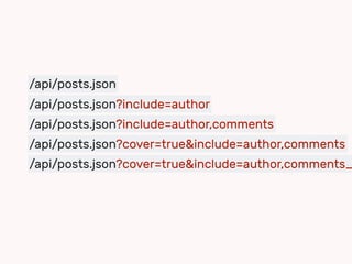 /api/posts.json
/api/posts.json?include=author
/api/posts.json?include=author,comments
/api/posts.json?cover=true&include=author,comments
/api/posts.json?cover=true&include=author,comments_
 