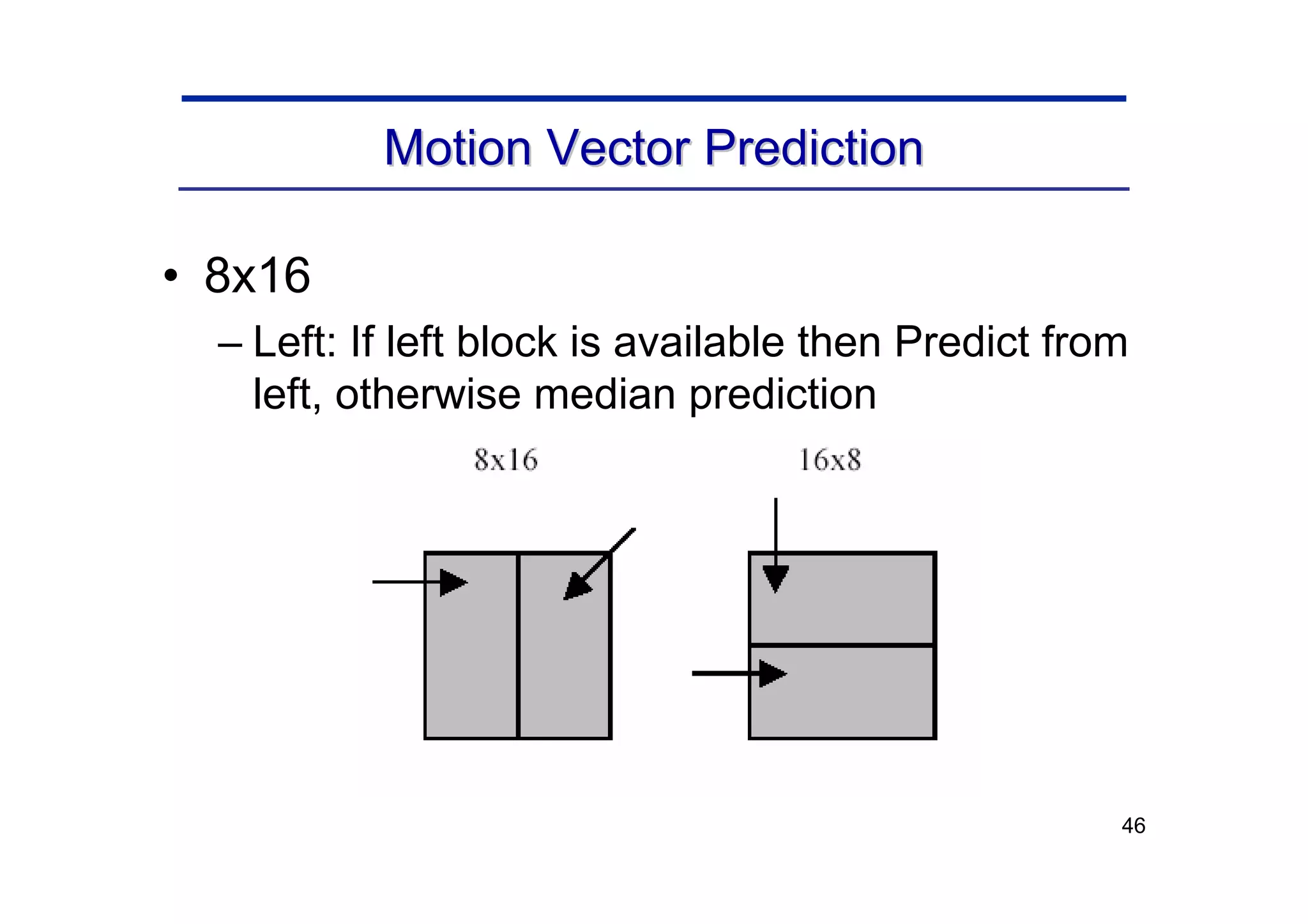 46
Motion Vector Prediction
Motion Vector Prediction
• 8x16
– Left: If left block is available then Predict from
left, otherwise median prediction
 