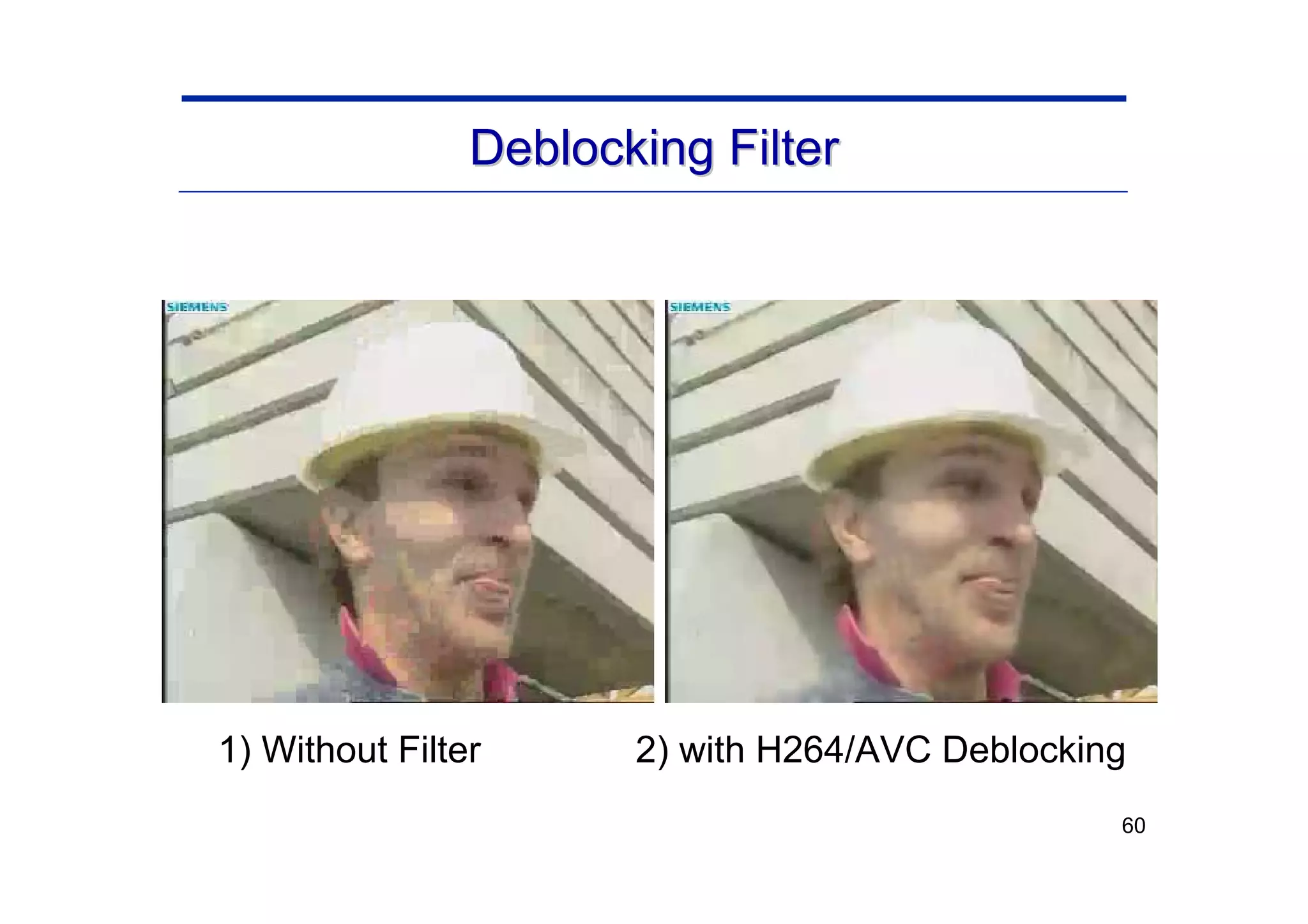 60
1) Without Filter 2) with H264/AVC Deblocking
Deblocking
Deblocking Filter
Filter
 