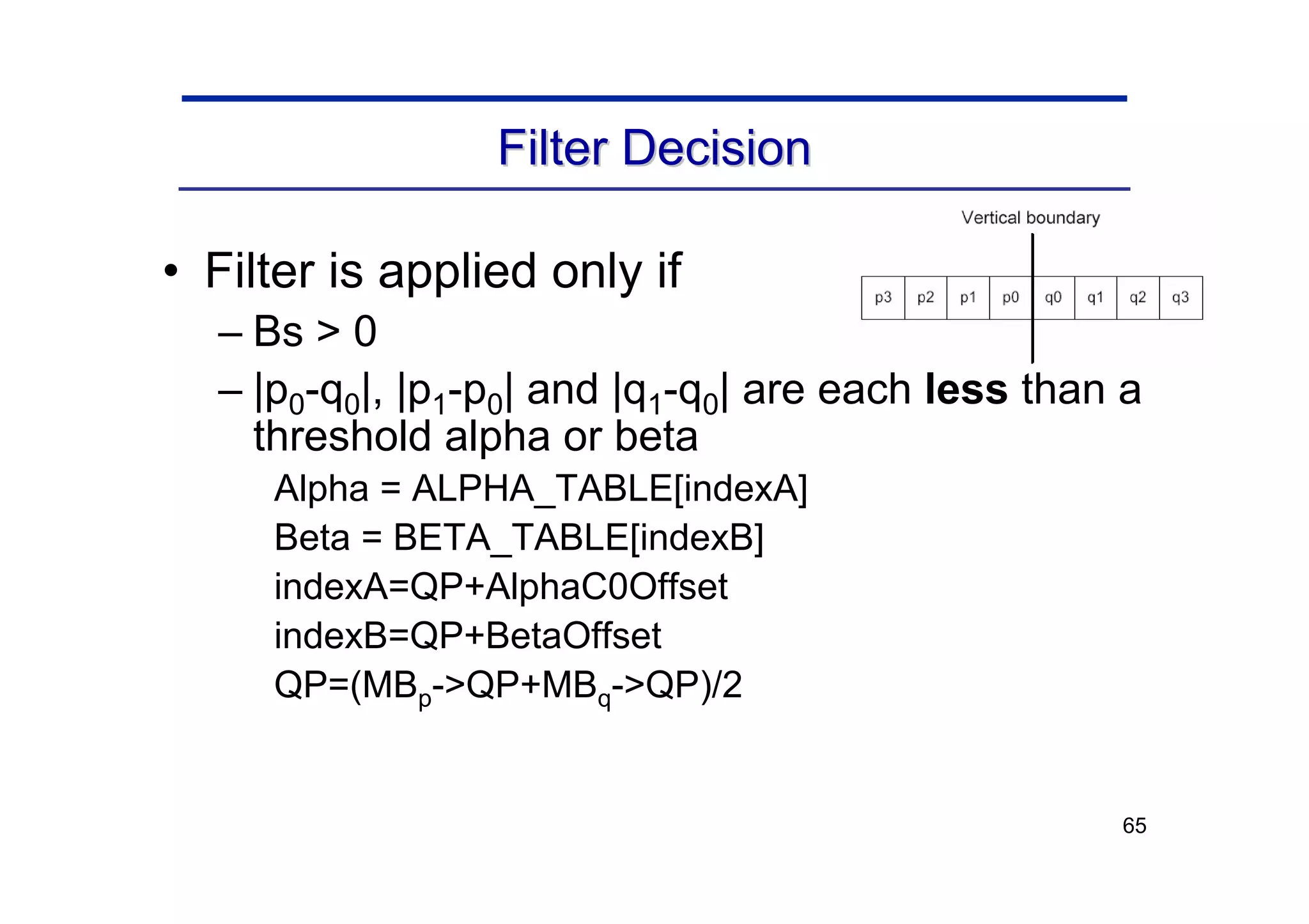 65
Filter Decision
Filter Decision
• Filter is applied only if
– Bs > 0
– |p0-q0|, |p1-p0| and |q1-q0| are each less than a
threshold alpha or beta
Alpha = ALPHA_TABLE[indexA]
Beta = BETA_TABLE[indexB]
indexA=QP+AlphaC0Offset
indexB=QP+BetaOffset
QP=(MBp->QP+MBq->QP)/2
 