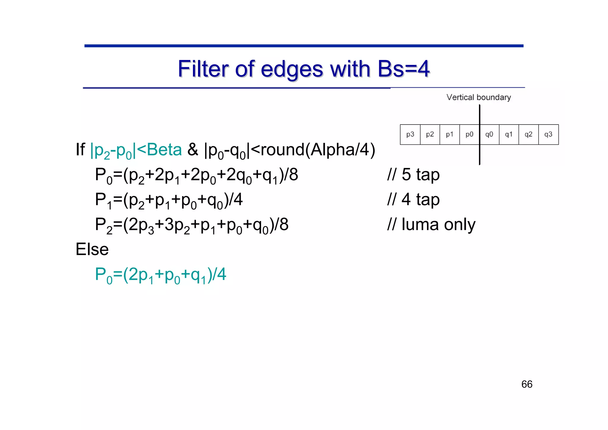 66
Filter of edges with Bs=4
Filter of edges with Bs=4
If |p2-p0|<Beta & |p0-q0|<round(Alpha/4)
P0=(p2+2p1+2p0+2q0+q1)/8 // 5 tap
P1=(p2+p1+p0+q0)/4 // 4 tap
P2=(2p3+3p2+p1+p0+q0)/8 // luma only
Else
P0=(2p1+p0+q1)/4
 