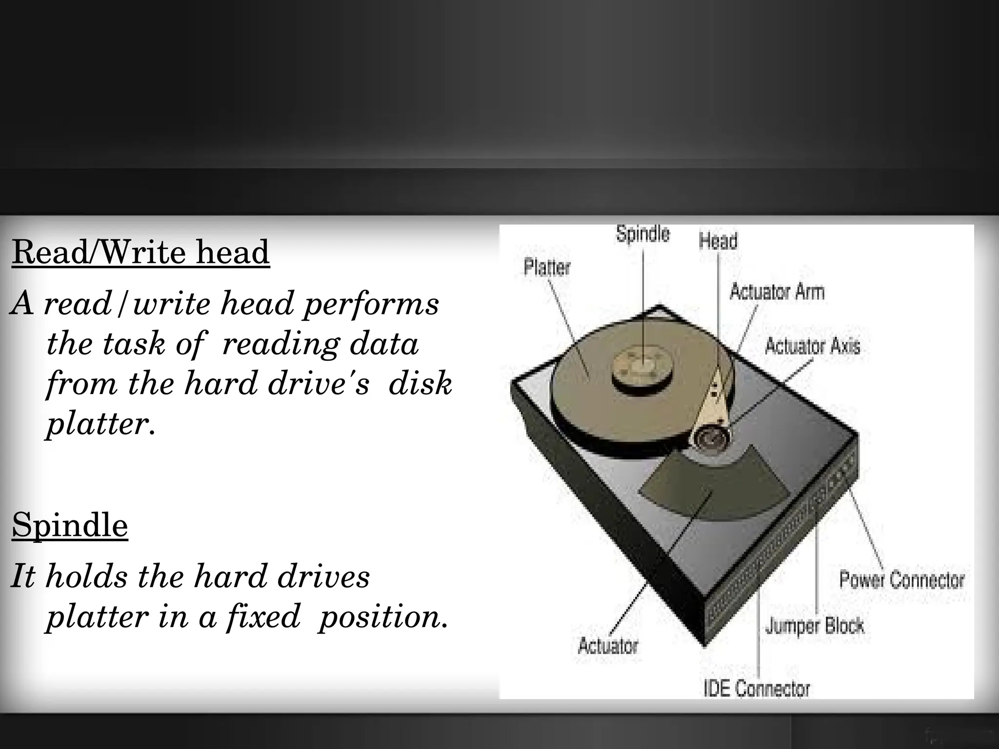 Read/Write head
A read/write head performs 
  the task of  reading data 
  from the hard drive's  disk 
  platter.


Spindle
It holds the hard drives 
   platter in a fixed  position.
 