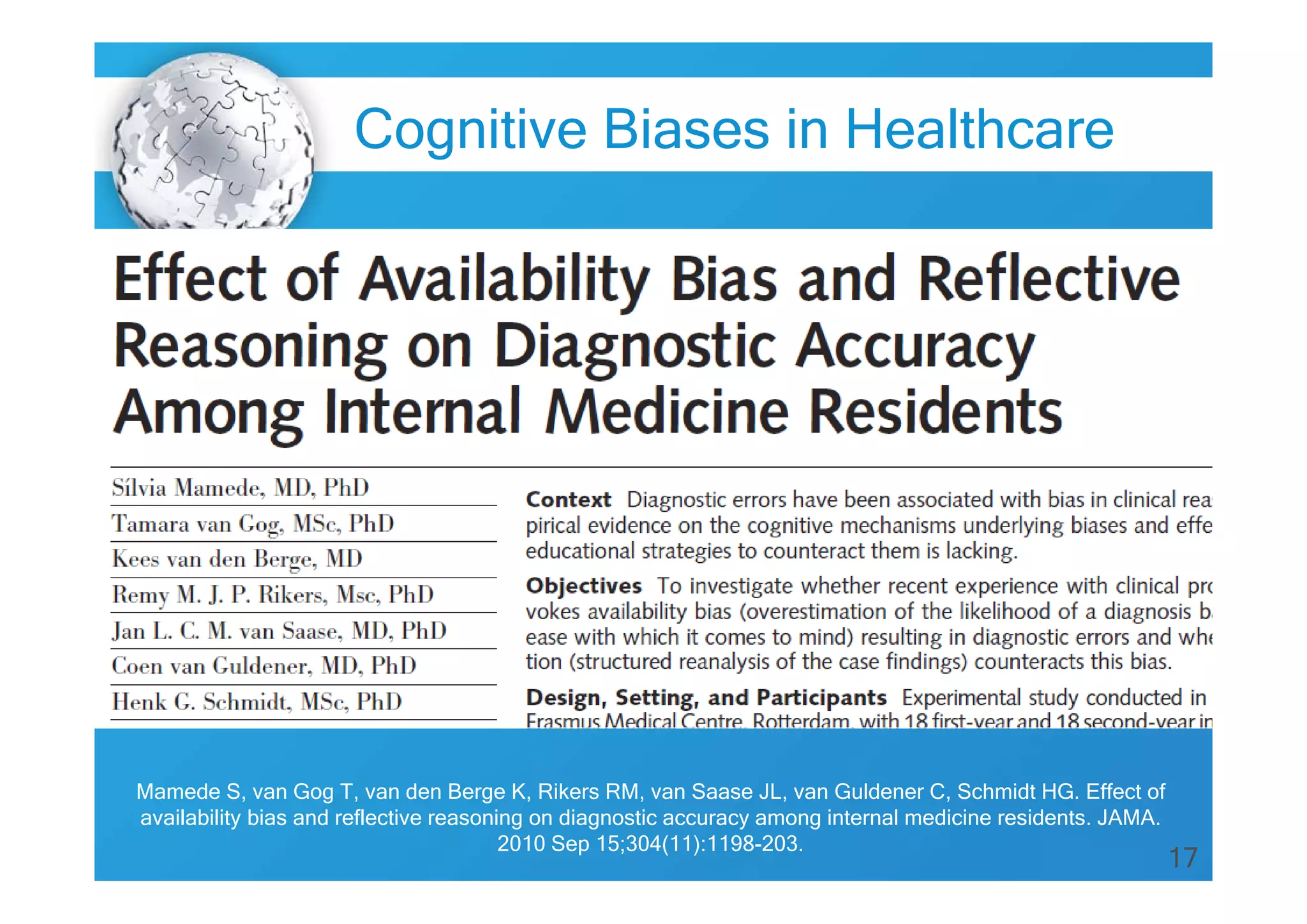 Cognitive Biases in Healthcare

Mamede S, van Gog T, van den Berge K, Rikers RM, van Saase JL, van Guldener C, Schmidt HG. Effect of
availability bias and reflective reasoning on diagnostic accuracy among internal medicine residents. JAMA.
2010 Sep 15;304(11):1198-203.

17

 