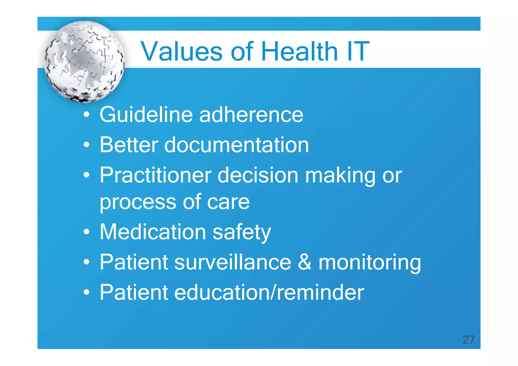Values of Health IT
• Guideline adherence
• Better documentation
• Practitioner decision making or
process of care
• Medication safety
• Patient surveillance & monitoring
• Patient education/reminder
27

 