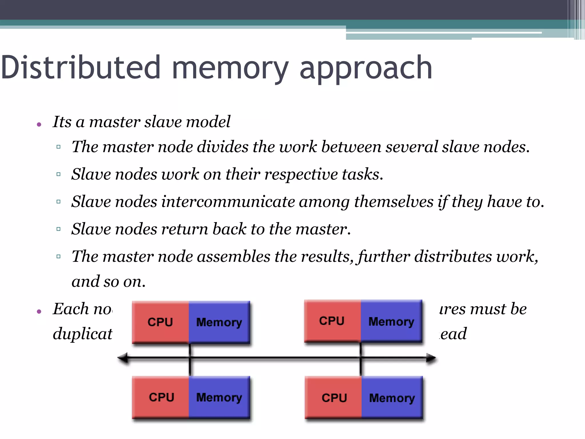 Distributed memory approach
 Its a master slave model
▫ The master node divides the work between several slave nodes.
▫ Slave nodes work on their respective tasks.
▫ Slave nodes intercommunicate among themselves if they have to.
▫ Slave nodes return back to the master.
▫ The master node assembles the results, further distributes work,
and so on.
 Each node has access its own memory so data structures must be
duplicated and send over the n/w, leading n/w overhead
 