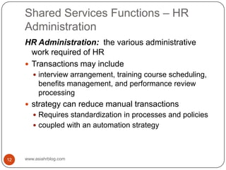 Shared Services Functions – HR Administrationwww.asiahrblog.com12HR Administration:  the various administrative work required of HRTransactions may includeinterview arrangement, training course scheduling, benefits management, and performance review processingstrategy can reduce manual transactionsRequires standardization in processes and policiescoupled with an automation strategy