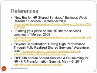 Referenceswww.asiahrblog.com21“New Era for HR Shared Services,” Business Week Research Services, September 2007 http://mediakit.businessweek.com/Products/Research_Services/White_Papers “Finding your place on the HR shared services continuum,” Mercer, 2008  http://www.mmc.com/knowledgecenter/Finding_your_place_on_HR_shared_services.pdf“Beyond Centralization: Driving High Performance Through Fully Realized Shared Services,” Accenture, 2007 http://www.accenture.com/us-en/pages/insight-beyond-centralization-fully-realized-shared-services.aspxIQPC 9th Annual Shared Services & Outsourcing for HR - HR Transformation Summit. May 4-5, 2011 http://www.ssohr.com/Event.aspx?id=442780