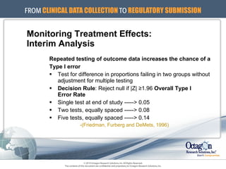 Monitoring Treatment Effects: Interim Analysis Repeated testing of outcome data increases the chance of a  Type I error Test for difference in proportions failing in two groups without adjustment for multiple testing Decision Rule : Reject null if |Z| ≥1.96  Overall Type I  Error Rate Single test at end of study -----> 0.05 Two tests, equally spaced -----> 0.08 Five tests, equally spaced -----> 0.14 -(Friedman, Furberg and DeMets, 1996) 
