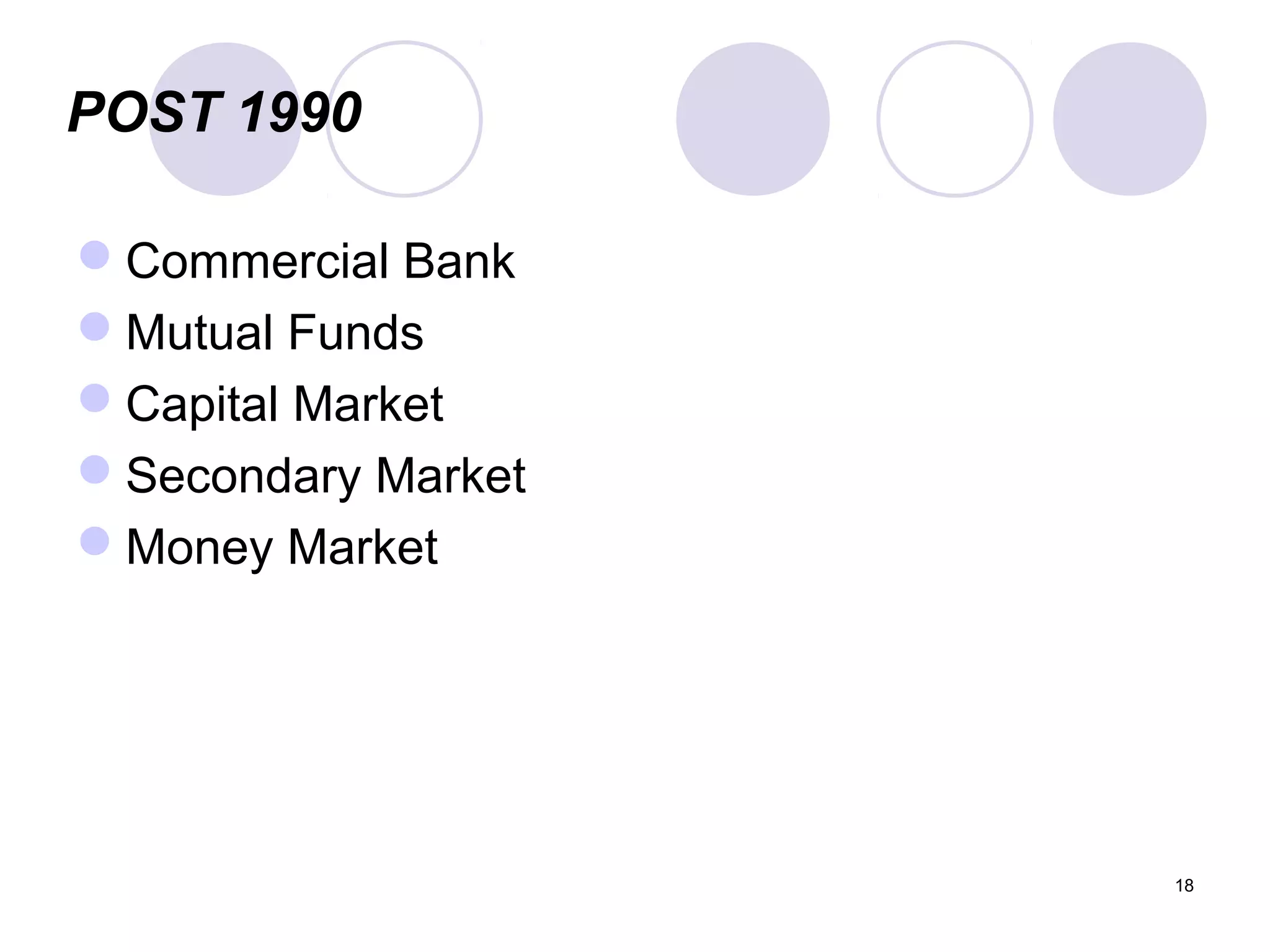 POST 1990
Commercial Bank
Mutual Funds
Capital Market
Secondary Market
Money Market
18
 