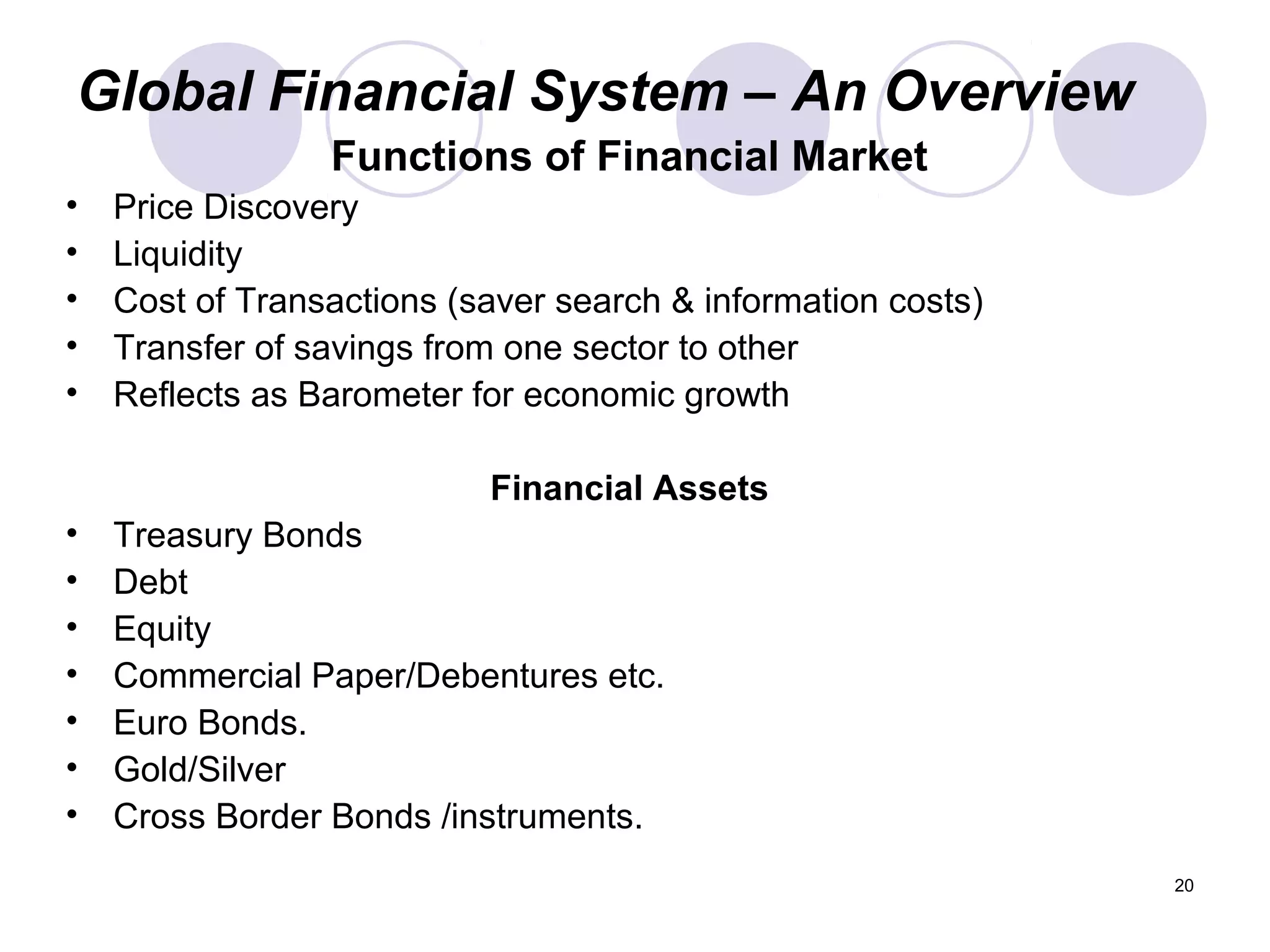Global Financial System – An Overview
Functions of Financial Market
• Price Discovery
• Liquidity
• Cost of Transactions (saver search & information costs)
• Transfer of savings from one sector to other
• Reflects as Barometer for economic growth
Financial Assets
• Treasury Bonds
• Debt
• Equity
• Commercial Paper/Debentures etc.
• Euro Bonds.
• Gold/Silver
• Cross Border Bonds /instruments.
20
 