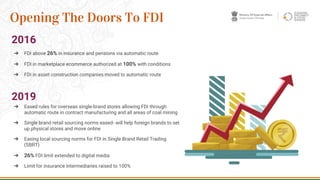 2016
➔ FDI above 26% in insurance and pensions via automatic route
➔ FDI in marketplace ecommerce authorized at 100% with conditions
➔ FDI in asset construction companies moved to automatic route
2019
➔ Eased rules for overseas single-brand stores allowing FDI through
automatic route in contract manufacturing and all areas of coal mining
➔ Single brand retail sourcing norms eased- will help foreign brands to set
up physical stores and move online
➔ Easing local sourcing norms for FDI in Single Brand Retail Trading
(SBRT)
➔ 26% FDI limit extended to digital media
➔ Limit for insurance intermediaries raised to 100%
12
Opening The Doors To FDI
 