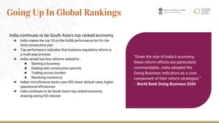 India continues to be South Asia’s top ranked economy
➔ India makes the top 10 on the EoDB performance list for the
third consecutive year
➔ Top performance indicates that business regulatory reform is
a multi-year process
➔ India carried out four reforms related to -
◆ Starting a business
◆ Dealing with construction permits
◆ Trading across borders
◆ Resolving insolvency
➔ Indian microfinance sector saw 50% lower default rates, higher
operational efficiencies
➔ India continues to be South Asia’s top ranked economy,
drawing strong FDI interest
33
Going Up In Global Rankings
“Given the size of India’s economy,
these reform efforts are particularly
commendable…India adopted the
Doing Business indicators as a core
component of their reform strategies.”
- World Bank Doing Business 2020
 