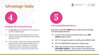 A Rapidly Liberalizing Economy
➔ In July 1991, India embarked on its journey of
economic liberalization
➔ Several industries deregulated, state owned
enterprises privatized and government opened
its doors to FDI
➔ 2014 onwards: India’s FDI’s policies have been
progressively and steadily liberalised by GoI --
FDI reforms made in defense, construction,
single brand retail, manufacturing, aviation,
communications, financial sector and more
4
Advantage India
A Growing Skilled Workforce
Required to create 8.1 million jobs annually, India has steadily
increased budget allocation:
➔ In 2015: Government launched Skill India to train 400
million people by 2022
➔ 2017-18 -- Budget allocation for Skilling India US$331.83m
➔ 2018-19: US$478.87m allocated for Skilling India
➔ 2030: India projected to have a skilled labour surplus of
245 million workers -- Talent surplus in financial services,
technology, media, telecommunications and manufacturing
4 5
 