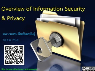 1
Overview of Information Security
& Privacy
นพ.นวนรรน ธีระอัมพรพันธุ์
10 ส.ค. 2559
http://www.slideshare.net/nawanan
 