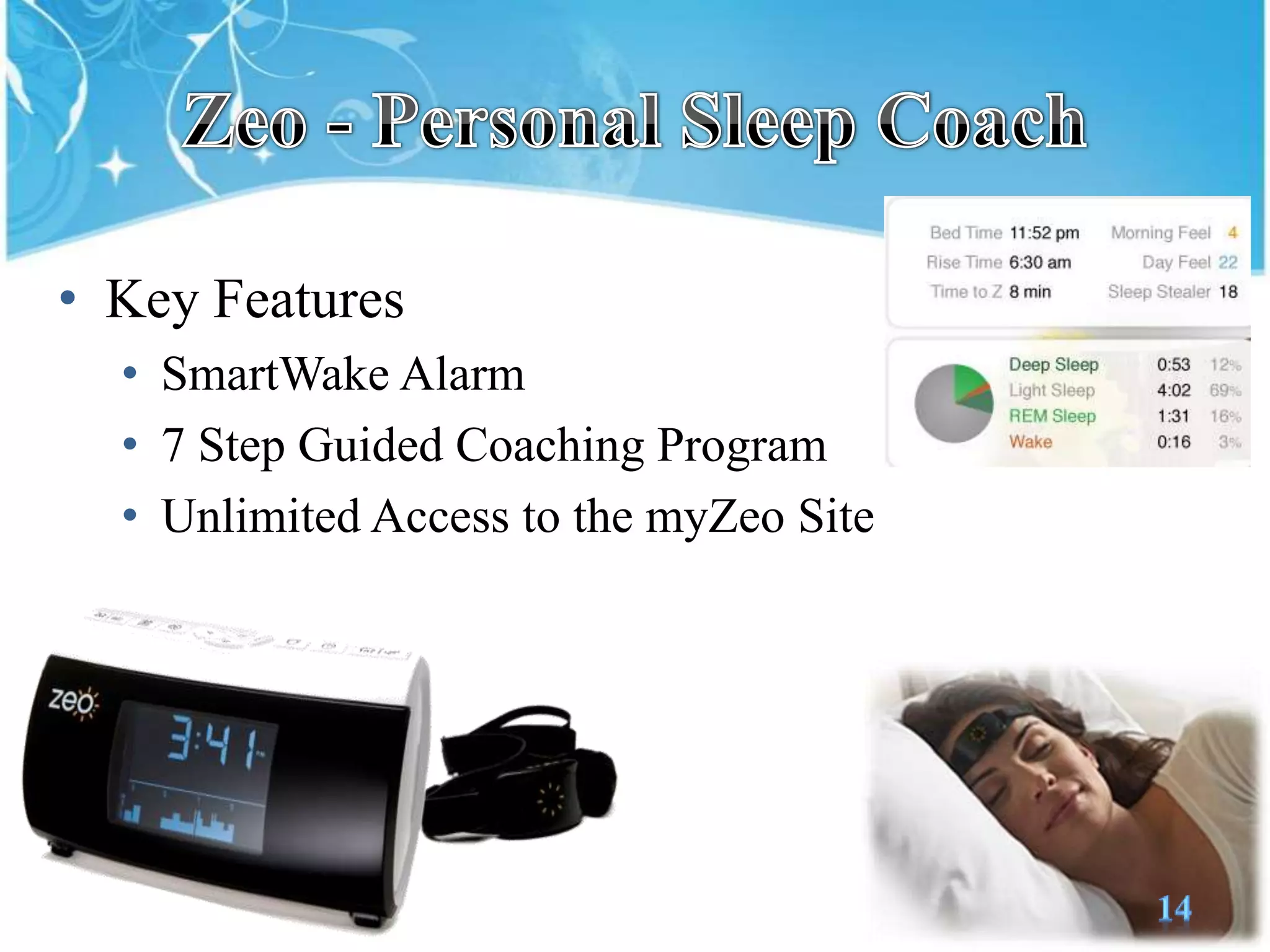Zeo- Personal Sleep CoachKey FeaturesSmartWakeAlarm7 Step Guided Coaching ProgramUnlimited Access to the myZeo Site14