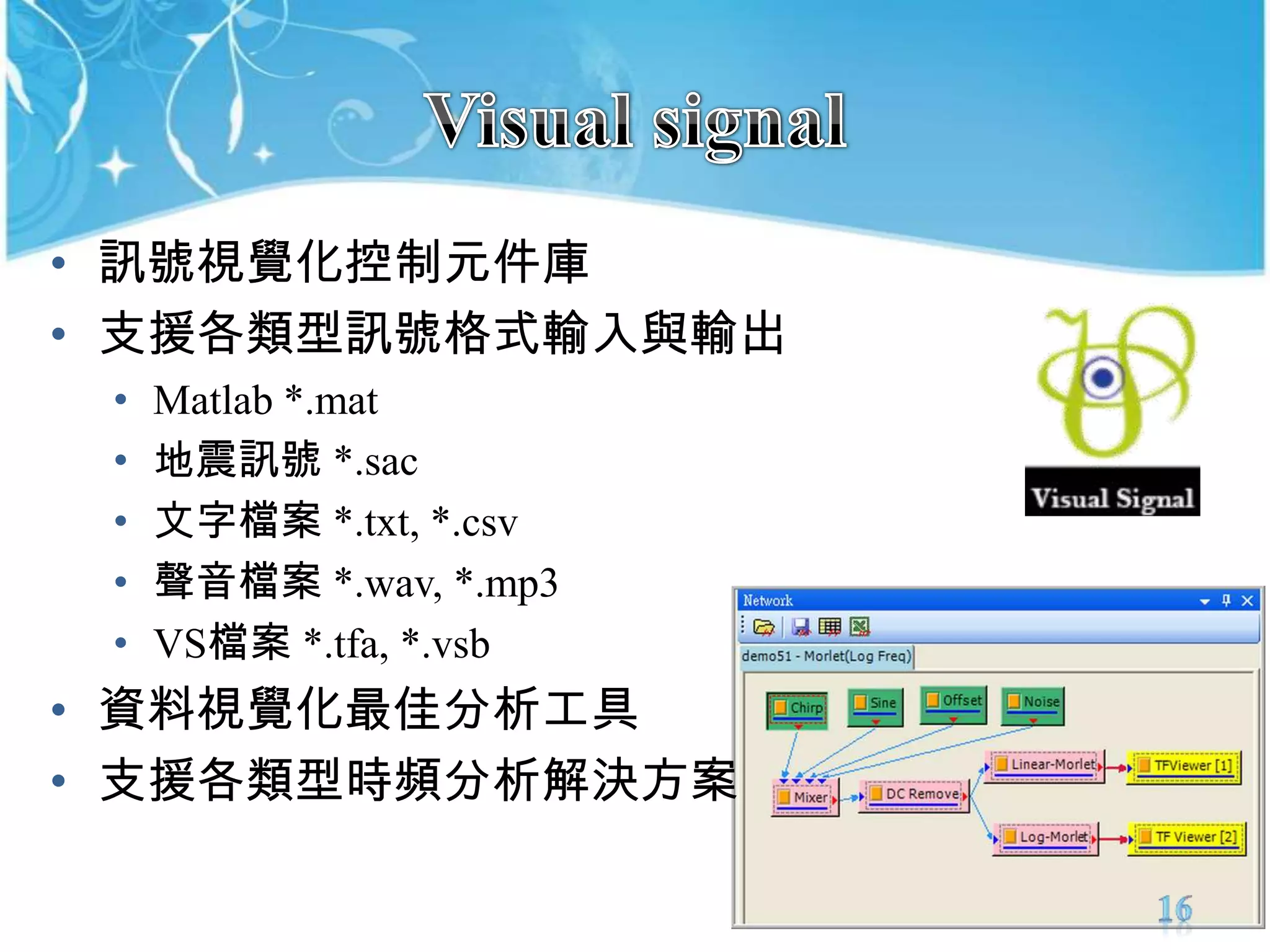Visual signal訊號視覺化控制元件庫支援各類型訊號格式輸入與輸出Matlab *.mat地震訊號 *.sac文字檔案 *.txt, *.csv聲音檔案 *.wav, *.mp3VS檔案 *.tfa, *.vsb資料視覺化最佳分析工具支援各類型時頻分析解決方案16