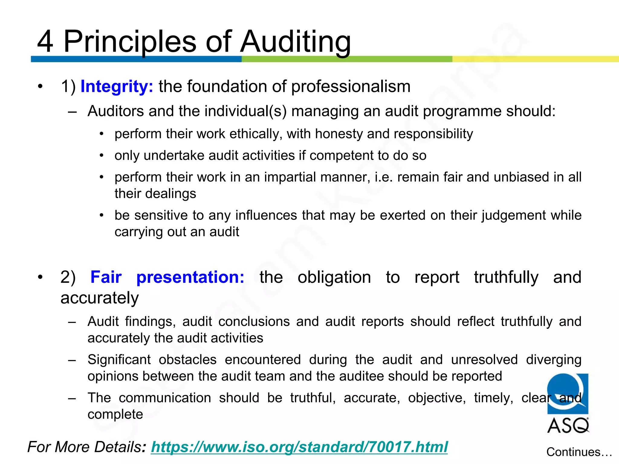 4 Principles of Auditing
For More Details: https://www.iso.org/standard/70017.html
• 1) Integrity: the foundation of professionalism
– Auditors and the individual(s) managing an audit programme should:
• perform their work ethically, with honesty and responsibility
• only undertake audit activities if competent to do so
• perform their work in an impartial manner, i.e. remain fair and unbiased in all
their dealings
• be sensitive to any influences that may be exerted on their judgement while
carrying out an audit
• 2) Fair presentation: the obligation to report truthfully and
accurately
– Audit findings, audit conclusions and audit reports should reflect truthfully and
accurately the audit activities
– Significant obstacles encountered during the audit and unresolved diverging
opinions between the audit team and the auditee should be reported
– The communication should be truthful, accurate, objective, timely, clear and
complete
Continues…
Seetharam
Kandarpa
 