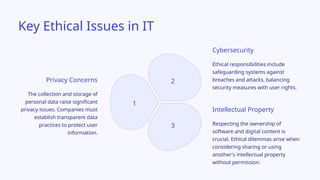 1
2
3
Privacy Concerns
Ethical responsibilities include
safeguarding systems against
breaches and attacks, balancing
security measures with user rights.
Intellectual Property
Cybersecurity
Key Ethical Issues in IT
Respecting the ownership of
software and digital content is
crucial. Ethical dilemmas arise when
considering sharing or using
another's intellectual property
without permission.
The collection and storage of
personal data raise significant
privacy issues. Companies must
establish transparent data
practices to protect user
information.
 