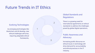 3
2
1
Future Trends in IT Ethics
Public Awareness and
Advocacy
Increasing public discourse on
ethical issues in technology will
drive demand for accountability
and ethical practices in the IT
industry.
As emerging technologies like
blockchain and AI develop, new
ethical challenges will arise,
requiring adaptable ethical
frameworks.
Evolving Technologies
Global Standards and
Regulations
There is a growing need for
international agreements on ethical
standards to address the challenges
posed by global digital operations.
 