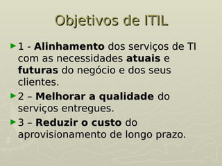 Objetivos de ITIL
Objetivos de ITIL
►1 -
1 - Alinhamento
Alinhamento dos serviços de TI
dos serviços de TI
com as necessidades
com as necessidades atuais
atuais e
e
futuras
futuras do negócio e dos seus
do negócio e dos seus
clientes.
clientes.
►2 –
2 – Melhorar a qualidade
Melhorar a qualidade do
do
serviços entregues.
serviços entregues.
►3 –
3 – Reduzir o custo
Reduzir o custo do
do
aprovisionamento de longo prazo.
aprovisionamento de longo prazo.
 