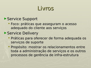 Livros
Livros
►Service Support
Service Support
 Foco: práticas que asseguram o acesso
Foco: práticas que asseguram o acesso
adequado do cliente aos serviços
adequado do cliente aos serviços
►Service Delivery
Service Delivery
 Práticas para oferecer de forma adequada os
Práticas para oferecer de forma adequada os
serviços de suporte
serviços de suporte
 Propósito: mostrar os relacionamentos entre
Propósito: mostrar os relacionamentos entre
toda a administração de serviços e os outros
toda a administração de serviços e os outros
processos de gerência de infra-estrutura
processos de gerência de infra-estrutura
 