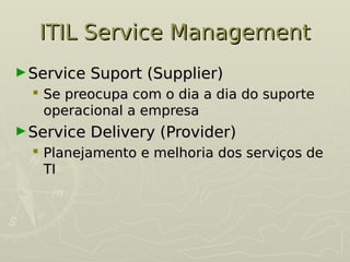 ITIL Service Management
ITIL Service Management
►Service Suport (Supplier)
Service Suport (Supplier)
 Se preocupa com o dia a dia do suporte
Se preocupa com o dia a dia do suporte
operacional a empresa
operacional a empresa
►Service Delivery (Provider)
Service Delivery (Provider)
 Planejamento e melhoria dos serviços de
Planejamento e melhoria dos serviços de
TI
TI
 