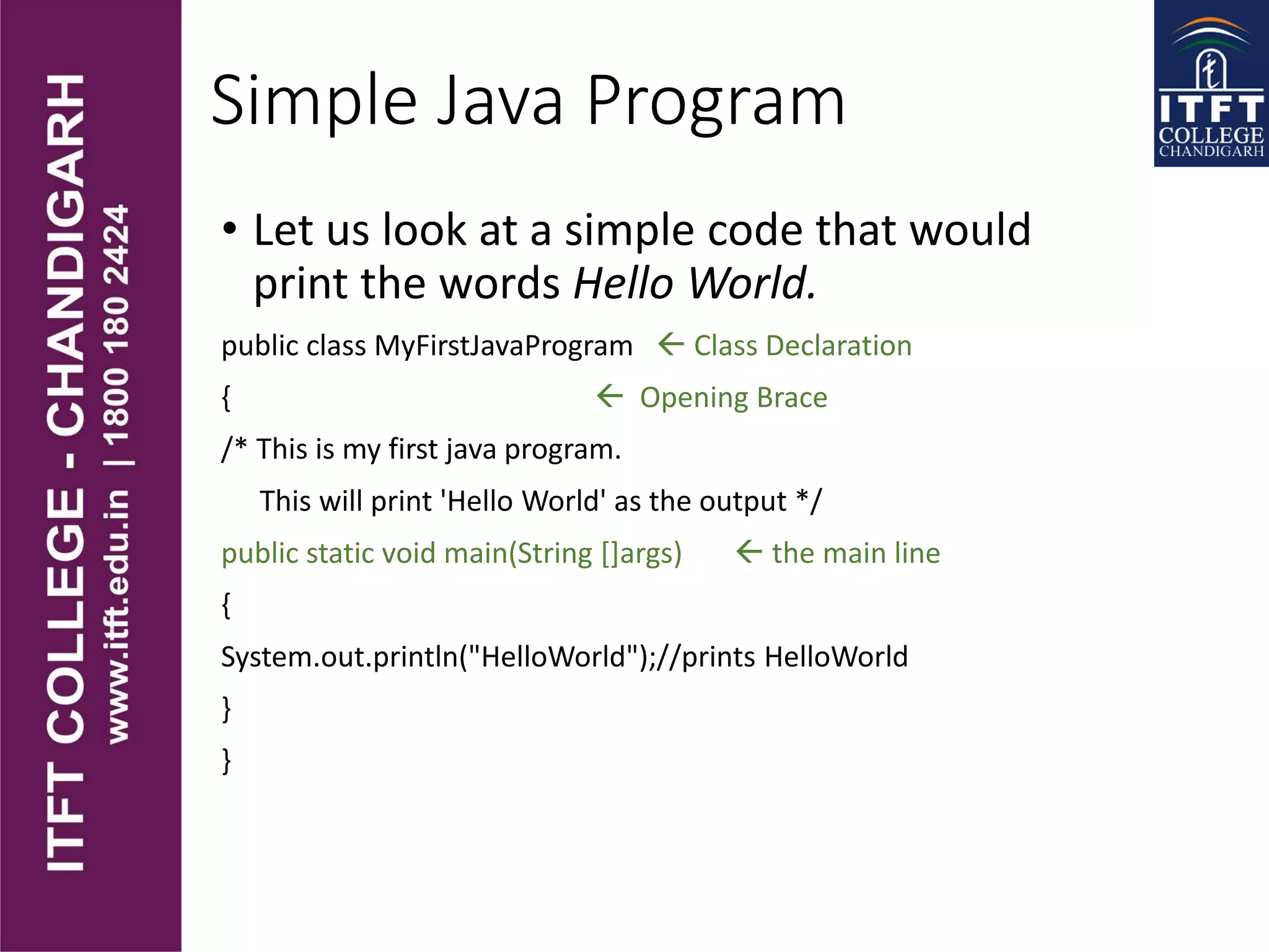Simple Java Program
• Let us look at a simple code that would
print the words Hello World.
public class MyFirstJavaProgram  Class Declaration
{  Opening Brace
/* This is my first java program.
This will print 'Hello World' as the output */
public static void main(String []args)  the main line
{
System.out.println("HelloWorld");//prints HelloWorld
}
}
 