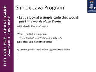 Simple Java Program
• Let us look at a simple code that would
print the words Hello World.
public class MyFirstJavaProgram
{
/* This is my first java program.
This will print 'Hello World' as the output */
public static void main(String []args)
{
System.out.println("Hello World");//prints Hello World
}
}
 