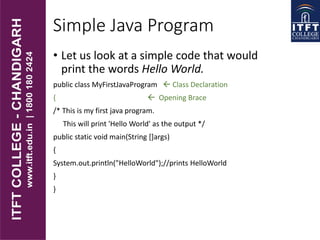 Simple Java Program
• Let us look at a simple code that would
print the words Hello World.
public class MyFirstJavaProgram  Class Declaration
{  Opening Brace
/* This is my first java program.
This will print 'Hello World' as the output */
public static void main(String []args)
{
System.out.println("HelloWorld");//prints HelloWorld
}
}
 