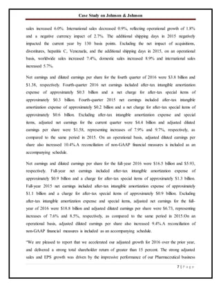 Case Study on Johnson & Johnson
7 | P a g e
sales increased 6.0%. International sales decreased 0.9%, reflecting operational growth of 1.8%
and a negative currency impact of 2.7%. The additional shipping days in 2015 negatively
impacted the current year by 130 basis points. Excluding the net impact of acquisitions,
divestitures, hepatitis C, Venezuela, and the additional shipping days in 2015, on an operational
basis, worldwide sales increased 7.4%, domestic sales increased 8.9% and international sales
increased 5.7%.
Net earnings and diluted earnings per share for the fourth quarter of 2016 were $3.8 billion and
$1.38, respectively. Fourth-quarter 2016 net earnings included after-tax intangible amortization
expense of approximately $0.3 billion and a net charge for after-tax special items of
approximately $0.3 billion. Fourth-quarter 2015 net earnings included after-tax intangible
amortization expense of approximately $0.2 billion and a net charge for after-tax special items of
approximately $0.6 billion. Excluding after-tax intangible amortization expense and special
items, adjusted net earnings for the current quarter were $4.4 billion and adjusted diluted
earnings per share were $1.58, representing increases of 7.9% and 9.7%, respectively, as
compared to the same period in 2015. On an operational basis, adjusted diluted earnings per
share also increased 10.4%.A reconciliation of non-GAAP financial measures is included as an
accompanying schedule.
Net earnings and diluted earnings per share for the full-year 2016 were $16.5 billion and $5.93,
respectively. Full-year net earnings included after-tax intangible amortization expense of
approximately $0.9 billion and a charge for after-tax special items of approximately $1.3 billion.
Full-year 2015 net earnings included after-tax intangible amortization expense of approximately
$1.1 billion and a charge for after-tax special items of approximately $0.9 billion. Excluding
after-tax intangible amortization expense and special items, adjusted net earnings for the full-
year of 2016 were $18.8 billion and adjusted diluted earnings per share were $6.73, representing
increases of 7.6% and 8.5%, respectively, as compared to the same period in 2015.On an
operational basis, adjusted diluted earnings per share also increased 9.4%.A reconciliation of
non-GAAP financial measures is included as an accompanying schedule.
“We are pleased to report that we accelerated our adjusted growth for 2016 over the prior year,
and delivered a strong total shareholder return of greater than 15 percent. The strong adjusted
sales and EPS growth was driven by the impressive performance of our Pharmaceutical business
 