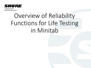 Overview of Reliability
Functions for Life Testing
in Minitab
 