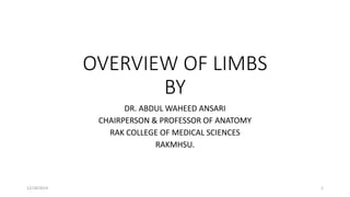 OVERVIEW OF LIMBS
BY
DR. ABDUL WAHEED ANSARI
CHAIRPERSON & PROFESSOR OF ANATOMY
RAK COLLEGE OF MEDICAL SCIENCES
RAKMHSU.
12/18/2014 1
 