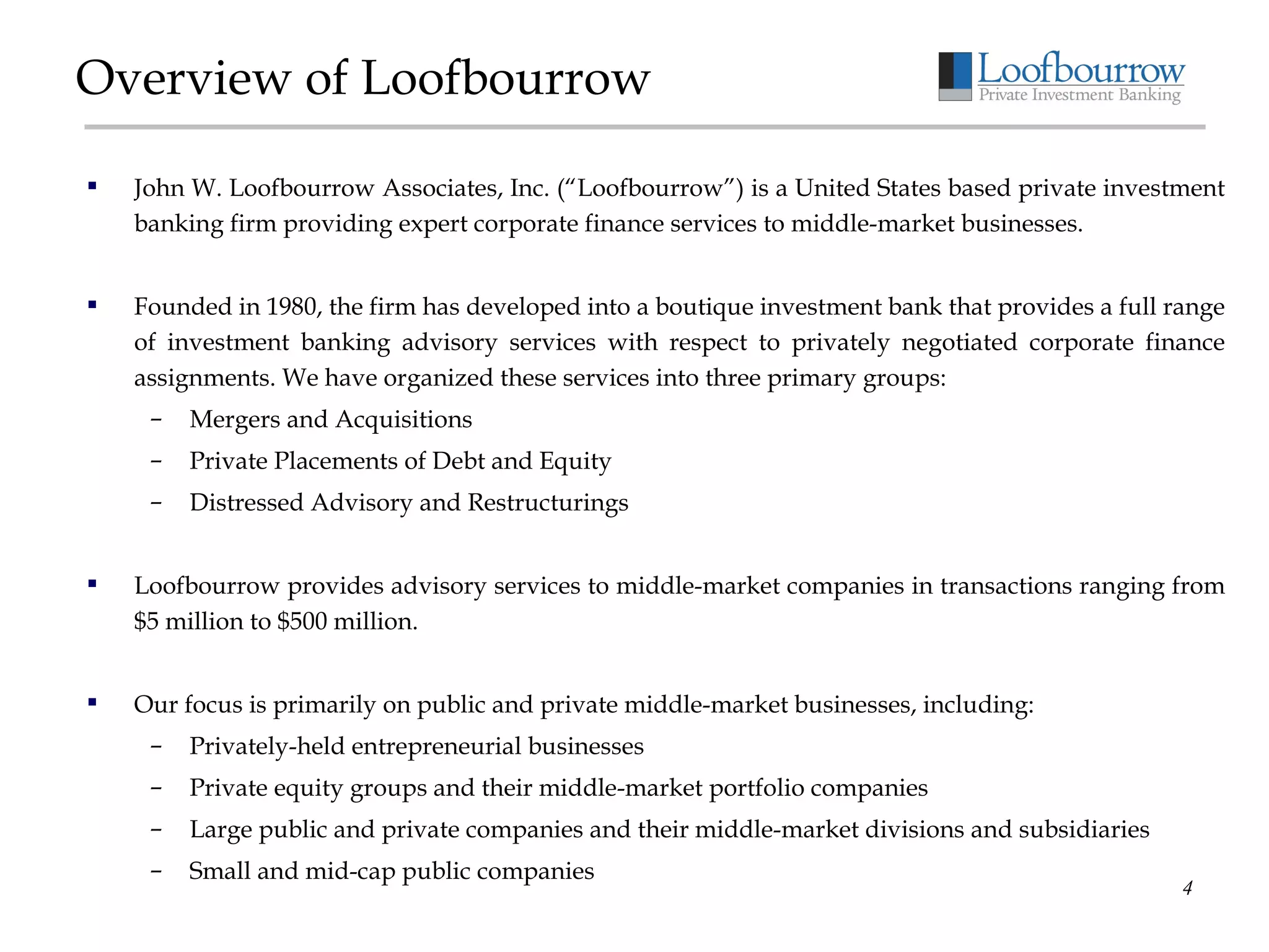 Overview of Loofbourrow John W. Loofbourrow Associates, Inc. (“Loofbourrow”) is a United States based private investment banking firm providing expert corporate finance services to middle-market businesses.  Founded in 1980, the firm has developed into a boutique investment bank that provides a full range of investment banking advisory services with respect to privately negotiated corporate finance assignments. We have organized these services into three primary groups: Mergers and Acquisitions Private Placements of Debt and Equity Distressed Advisory and Restructurings Loofbourrow provides advisory services to middle-market companies in transactions ranging from $5 million to $500 million. Our focus is primarily on public and private middle-market businesses, including: Privately-held entrepreneurial businesses Private equity groups and their middle-market portfolio companies Large public and private companies and their middle-market divisions and subsidiaries Small and mid-cap public companies 
