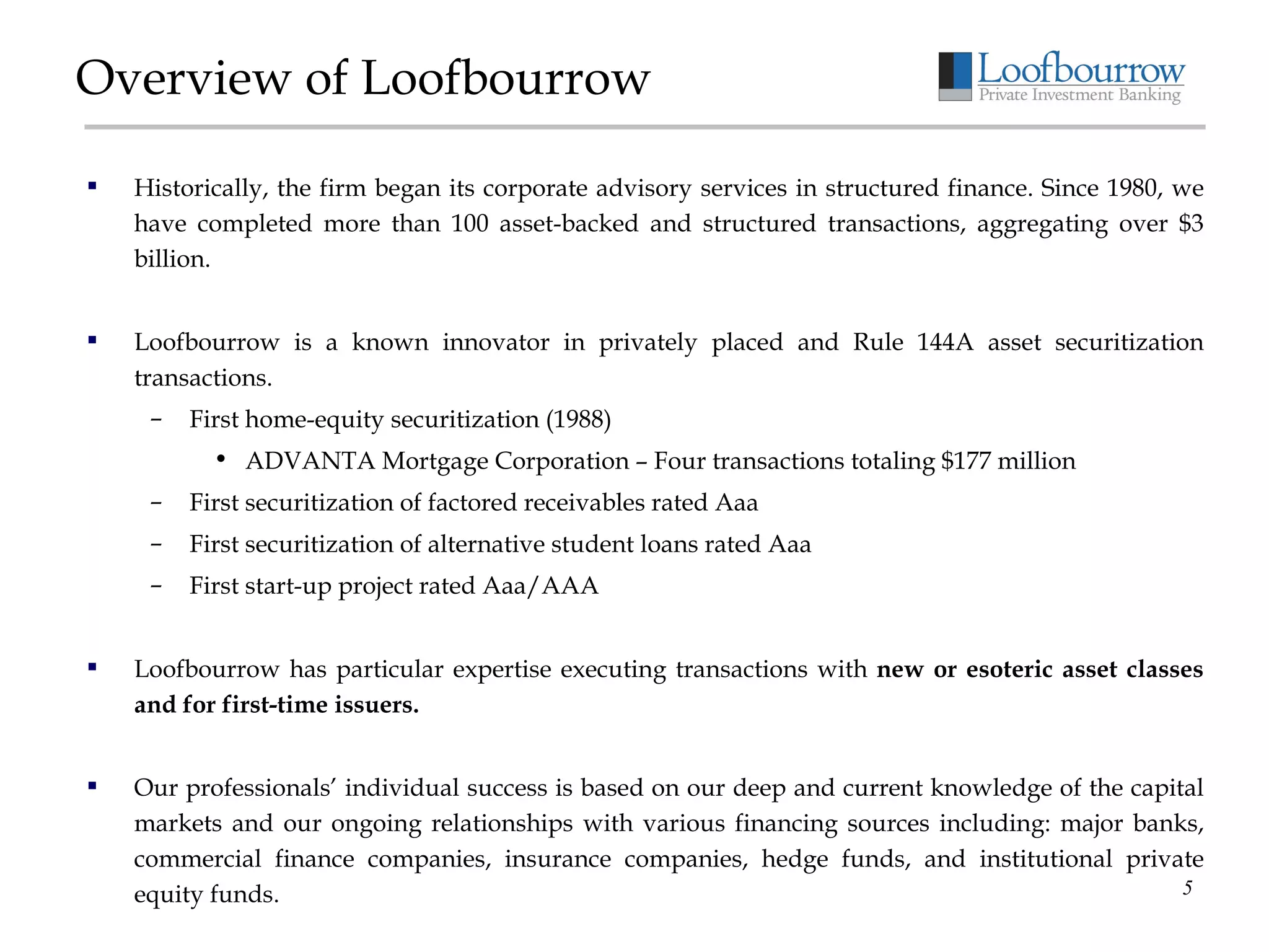 Overview of Loofbourrow Historically, the firm began its corporate advisory services in structured finance. Since 1980, we have completed more than 100 asset-backed and structured transactions, aggregating over $3 billion. Loofbourrow is a known innovator in privately placed and Rule 144A asset securitization transactions. First home-equity securitization (1988) ADVANTA Mortgage Corporation – Four transactions totaling $177 million First securitization of factored receivables rated Aaa First securitization of alternative student loans rated Aaa First start-up project rated Aaa/AAA Loofbourrow has particular expertise executing transactions with  new or esoteric asset classes and for first-time issuers. Our professionals’ individual success is based on our deep and current knowledge of the capital markets and our ongoing relationships with various financing sources including: major banks, commercial finance companies, insurance companies, hedge funds, and institutional private equity funds. 