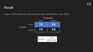 Recall
যতগুলো পজিটিভ ছিলো তার মধ্যে কতগুলাকে মডেল পজিটিভ হিসেবে ধরতে পারছে?
TP FN
FP TN
Predicted
Actual
Positive Negative
Positive
Negative
 