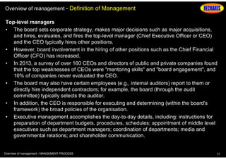 Overview of management - Definition of Management
Top-level managers
• The board sets corporate strategy, makes major decisions such as major acquisitions,
and hires, evaluates, and fires the top-level manager (Chief Executive Officer or CEO)
and the CEO typically hires other positions.
• However, board involvement in the hiring of other positions such as the Chief Financial
Officer (CFO) has increased.
• In 2013, a survey of over 160 CEOs and directors of public and private companies found
that the top weaknesses of CEOs were "mentoring skills" and "board engagement", and
10% of companies never evaluated the CEO.
• The board may also have certain employees (e.g., internal auditors) report to them or
directly hire independent contractors; for example, the board (through the audit
committee) typically selects the auditor.
• In addition, the CEO is responsible for executing and determining (within the board's
framework) the broad policies of the organisation.
• Executive management accomplishes the day-to-day details, including: instructions for
preparation of department budgets, procedures, schedules; appointment of middle level
executives such as department managers; coordination of departments; media and
governmental relations; and shareholder communication.

Overview of management - MANGEMENT PROCESS

17

 