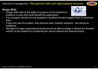 Overview of management - Management skills and organisational hierarchy:
Design Skills
• Design skills refer to the ability of a person to find solutions to
problems in ways that would benefit the organisation.
• Top managers should not only recognize a problem but also suggest ways to overcome
them.
• If they only see the problem, they become mere “problem watchers,” and will prove
ineffective.
• Managers at upper organisational levels should be able to design a rational and feasible
solution to the problem by considering the various internal and external factors.

Overview of management - MANGEMENT PROCESS

22

 