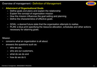 Overview of management - Definition of Management
•

Attainment of Organisational Goals
– Define goals and plans and explain the relationship
– Explain the concept of organisation mission
– How the mission influences the goal setting and planning
– Define the characteristics of effective goals
– GOAL: a desired future state that the organisation attempts to realise.
– PLAN: a blue print specifying the resource allocation, schedules and other actions
necessary for attaining goals.

Mission
• concerns what an organization is all about.
• answers the questions such as:
– who we are,
– who are our customers,
– what do we do and
– how do we do it.

Overview of management - MANGEMENT PROCESS

6

 
