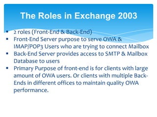 The Roles in Exchange 2003
 2 roles (Front-End & Back-End)
 Front-End Server purpose to serve OWA &
IMAP/POP3 Users who are trying to connect Mailbox
 Back-End Server provides access to SMTP & Mailbox
Database to users
 Primary Purpose of front-end is for clients with large
amount of OWA users. Or clients with multiple Back-
Ends in different offices to maintain quality OWA
performance.
 