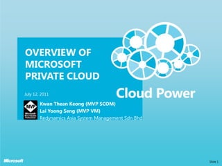 OVERVIEW OF MICROSOFT PRIVATE CLOUD Kwan TheanKeong (MVP SCOM) Lai YoongSeng (MVP VM) Redynamics Asia System Management SdnBhd July 12, 2011 Slide 1 