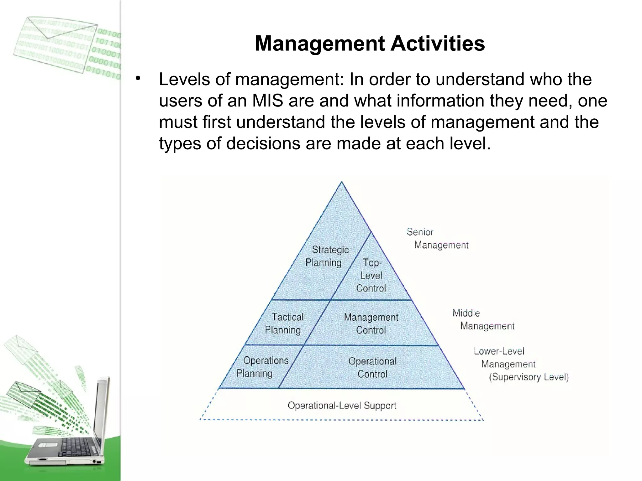 Management Activities
•

Levels of management: In order to understand who the
users of an MIS are and what information they need, one
must first understand the levels of management and the
types of decisions are made at each level.

 